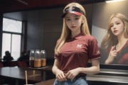 金发亚洲女人餐厅制服4K壁纸 时尚帽子与人工智能灯光下的饮料