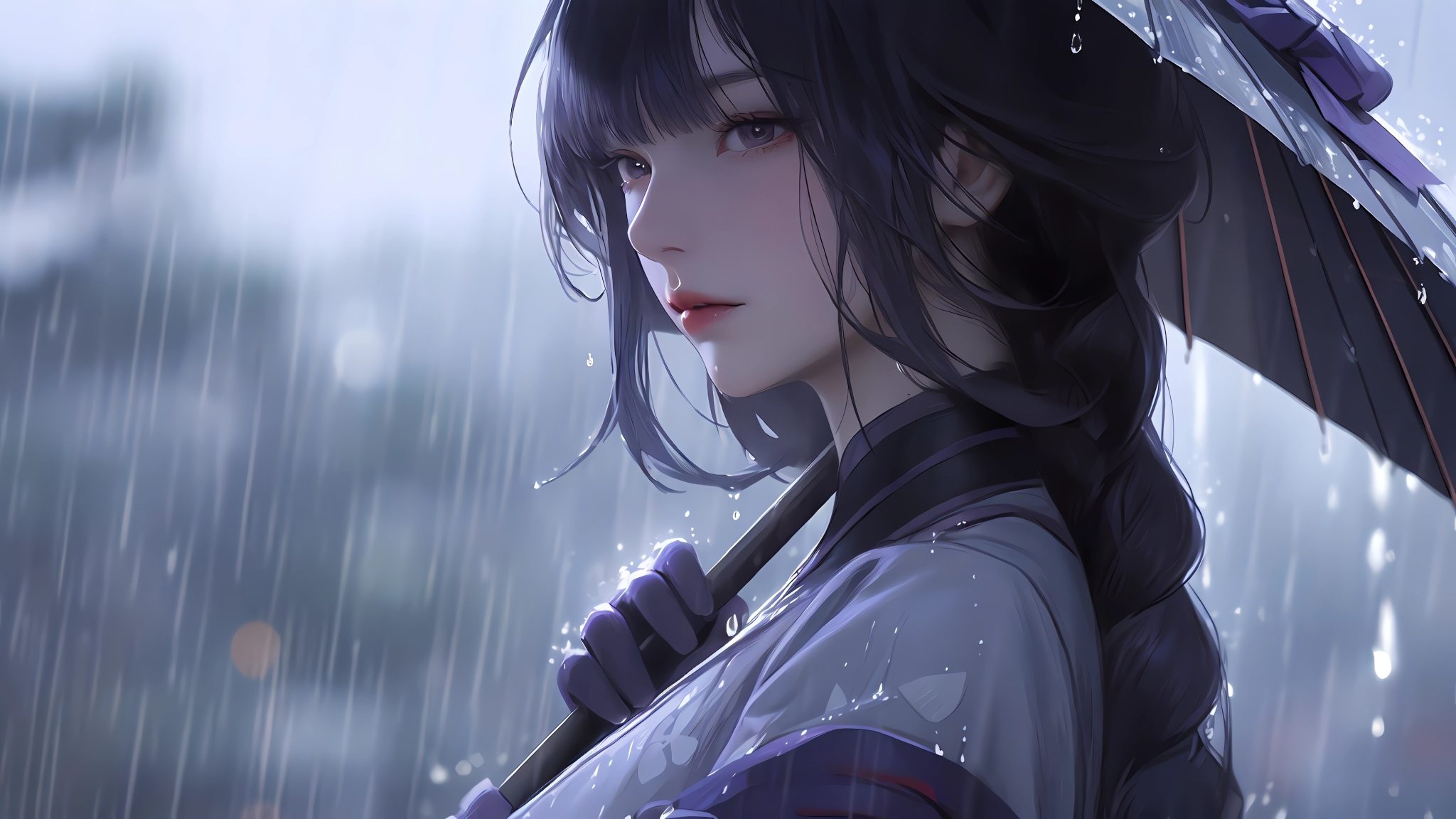 雷电将军-原神-动漫女孩-紫色长发-辫子-纸伞-雨天-4k
